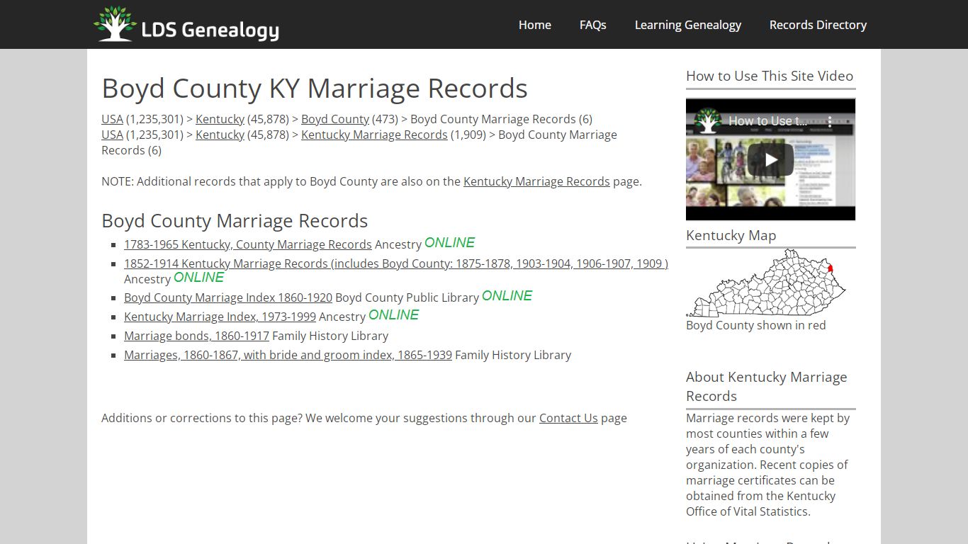 Boyd County KY Marriage Records - LDS Genealogy